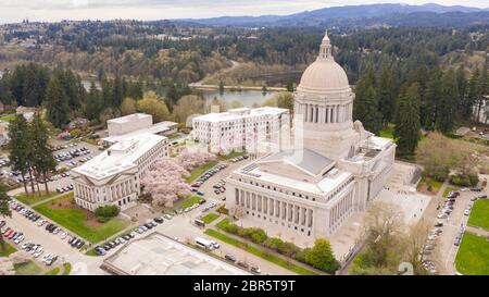 Das Capitol in Olympia wird durch die Jährliche blühen von gut platzierten Kirschbäume geschmückt Stockfoto