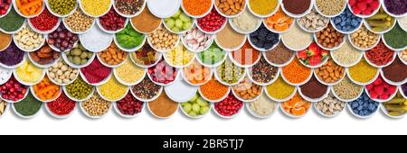 Obst und Gemüse Lebensmittel Hintergrund Kräuter Gewürze Zutaten Beeren von oben Obst Stockfoto
