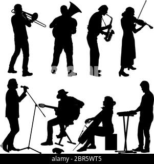 Silhouetten Straßenmusikanten spielen Instrumente auf einem weißen Hintergrund. Stock Vektor