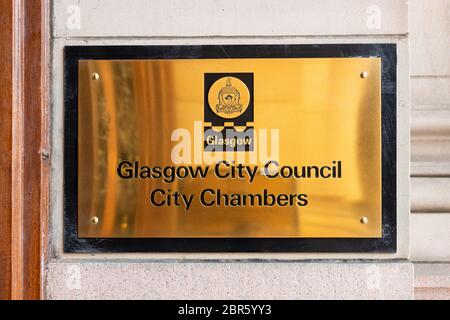 Glasgower Stadtrat Stadt Chambers Zeichen - George Square, Glasgow, Schottland, Großbritannien Stockfoto