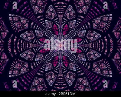 Abstraktes lila Mandala oder Blume - Computer-generiertes Bild. Fraktale Kunst: Symmetrisches Muster mit Buntglas-Effekt. Für Covers, Prints, Web desi Stockfoto