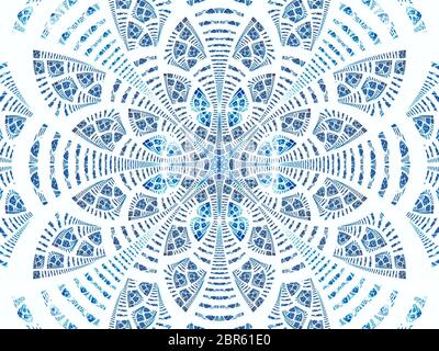 Abstraktes Mandala oder Blume - Computer-generiertes blau-weißes Bild. Fraktale Kunst: Symmetrisches Muster mit Buntglas-Effekt. Für Umschläge, Abzüge, Stockfoto