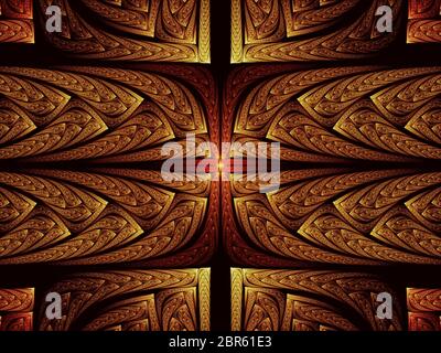 Abstraktes goldenes Muster - Computer-generiertes Bild. Fraktale Kunst: Metallische Oberfläche mit aufwendigen Ornamenten. Luxus oder esoterische Thema Backgrouns für Web Stockfoto