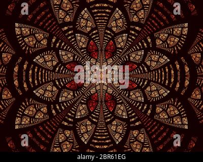 Abstraktes goldenes Mandala oder Blume - Computer-generiertes Bild. Fraktale Kunst: Symmetrisches Muster mit Buntglas-Effekt. Für Covers, Prints, Web desi Stockfoto