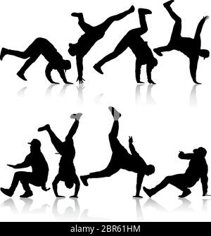 Set Schwarz Silhouetten Breakdancer auf einem weißen Hintergrund. Stock Vektor