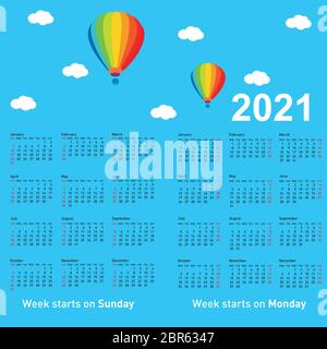 Kalender 2021 mit einem Ballon vor blauem Himmel. Stock Vektor