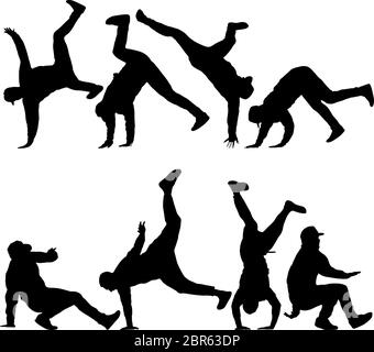 Set Schwarz Silhouetten Breakdancer auf einem weißen Hintergrund. Stock Vektor