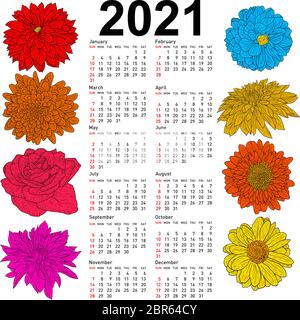 Stilvoller Kalender mit Blumen für 2021. Woche Sonntag zuerst. Stock Vektor