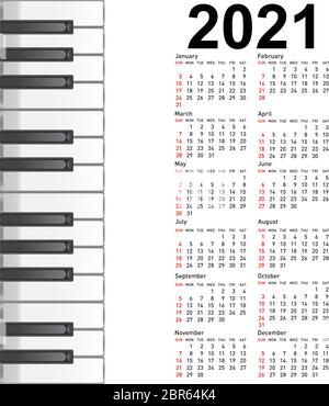 Neuer Kalender 2021 mit musikalischem Hintergrund Klaviertasten. Stock Vektor