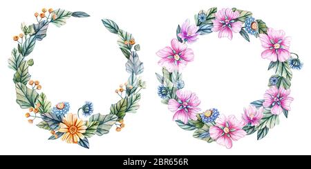 Kränze in Aquarell Wildblumen. Festliche Abbildung mit Gänseblümchen, Rainfarn, Malve, Gänseblümchen und grünen Blättern. Für text Vorlage, Grußkarten, fabrikationsnr Stockfoto