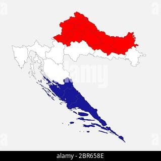 Karte des Kroatien in den Farben der Flagge mit Verwaltungsdivisionen leer Stockfoto