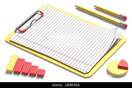 Gelbe Klemmbrett, Papier, Bleistifte und Diagramme 3D-Render Abbildung auf weißem Hintergrund Stockfoto