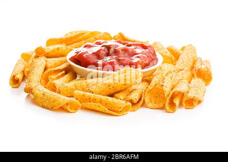 Gerollt mexikanischen Nacho Chips und Salsa dip auf weißem Hintergrund. Stockfoto