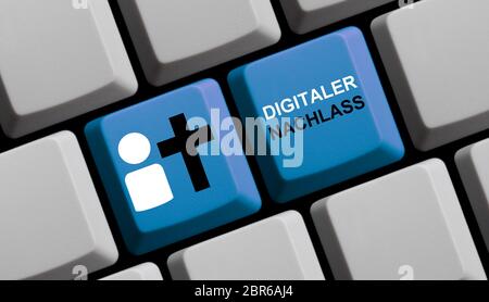 Digitales Testament in deutscher Sprache - Person-Symbol und Kreuz auf blauer Computertastatur Stockfoto