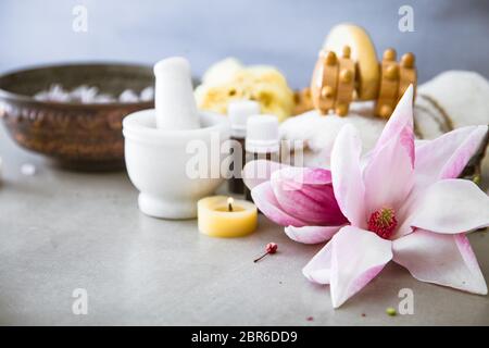 Wellness natürliches Konzept. Dayspa Kosmetik Produkte. Spa und Wellness. Stockfoto