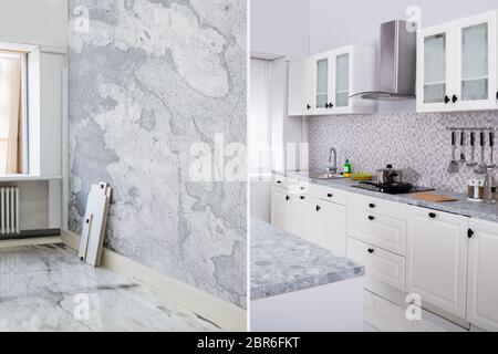 Vor und nach Der moderne Küche Apartment Zimmer im renovierten Haus Stockfoto