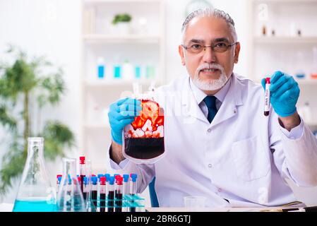 Der alte, im Labor arbeitende Chemiker Stockfoto
