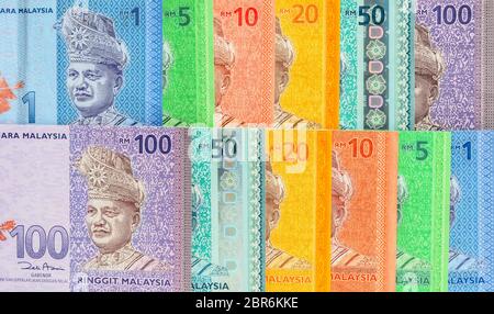 Malaysia Währung der malaysischen Ringgit Banknoten Hintergrund. Papiergeld von einem, fünf, zehn, zwanzig, fünfzig und hundert Ringgit-Noten. Finanzkonzept Stockfoto