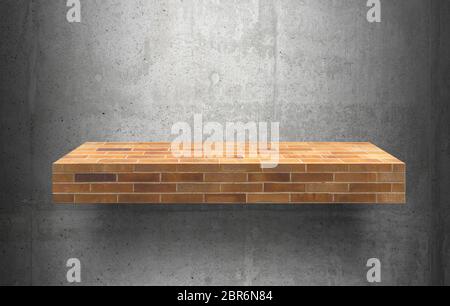 Leere Ziegelregale oben Ready for Product Display Montage; Zementregale und grauer Zementhintergrund. Stockfoto
