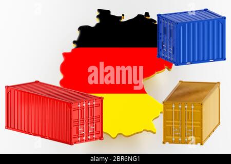 3D-Karte von Deutschland. Frachtversand in Containern. Export aus dem Land in Containern. 3d-Rendering Stockfoto