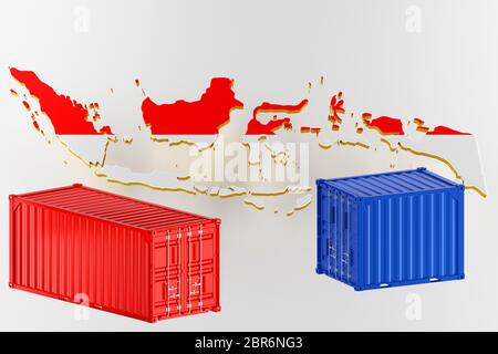 3D-Karte von Indonesien. Frachtversand in Containern. Export aus dem Land in Containern. 3d-Rendering Stockfoto