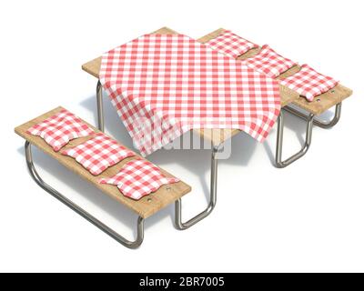 Holz- Picknick Tisch mit roten Tisch Decken und Kissen 3D-Render Abbildung auf weißem Hintergrund Stockfoto