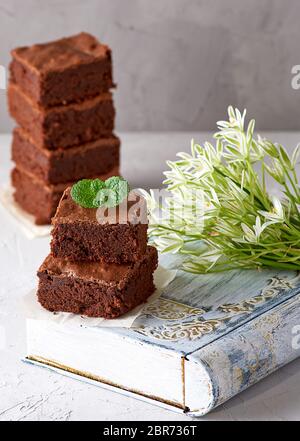 Stapel der quadratische Scheiben gebackene Brownie pie auf eine weiße Fläche, in der Nähe Stockfoto