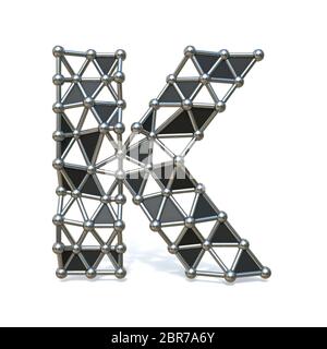 Kabel Low Poly Black Metal Font Buchstaben K 3D-Render Abbildung auf weißem Hintergrund Stockfoto