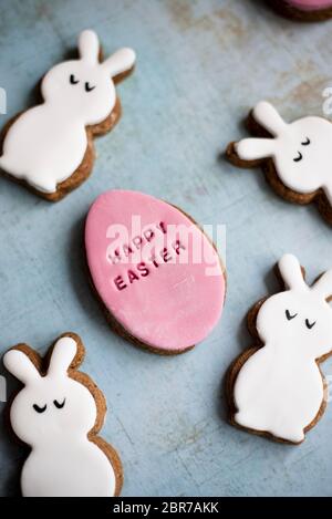 Ostereier Und Bunny Biscuits Mit Überzogenen Lebkuits Stockfoto