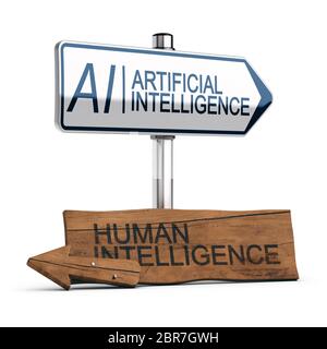Konzeptionelle 3D-Abbildung eines modernen Wegweiser mit folgenden text AI künstliche Intelligenz und einem anderen Holz- altes Schild mit dem Text Mensch in Stockfoto