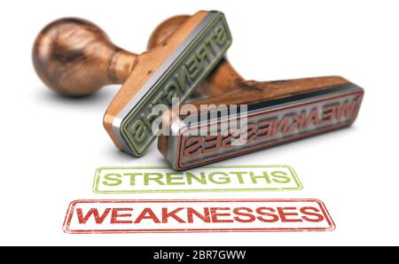 3D-Abbildung von zwei gummistempel mit den Worten Stärken und Schwächen auf weißem Hintergrund Stockfoto