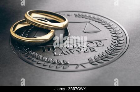 3D-Abbildung von zwei verwendet goldene Ringe über eine Scheidung Rechtsanwalt unterzeichnen unbossed auf schwarzem Papier. Stockfoto