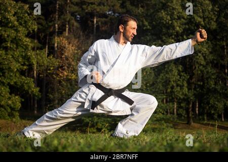 Der Karateist oder Karate-Meister in weißem Kimono mit schwarzem Gürtel übt Karate-Kampfkunst im Freien im Park. Stockfoto