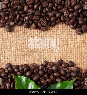 Geröstete Kaffeebohnen mit lassen auf Linin Sack Stockfoto