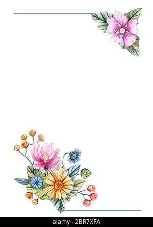 Vertikale rechteckige festliche Vorlage für Text mit Wildblumen. Floral Karte mit rosa Blüten, Blätter und Knospen der Malve. Herbst, Frühling und Sommer s Stockfoto