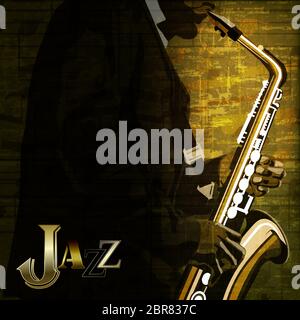 Abstrakte golden Musik Abbildung mit Saxophon Spieler auf grunge Hintergrund Stockfoto
