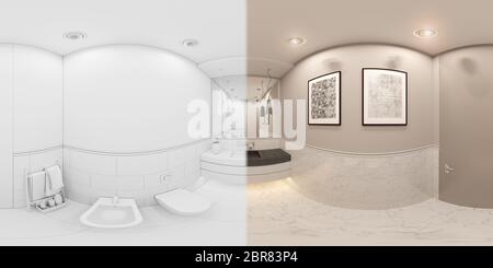 3D-Rendering sphärische 360 Grad, nahtlose Panorama-Innenraum der Toilette in einem privaten Ferienhaus. T Stockfoto