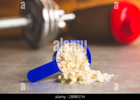 Whey Protein Pulver in der Schaufel. Stockfoto