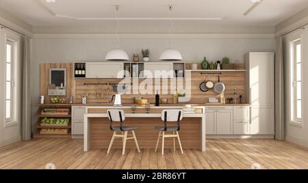 Claasic Zimmer mit weißen Küche mit Insel - 3D-Rendering Stockfoto
