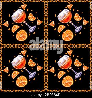 Nahtlose Hintergrund mit Zitronensaft. Orangenscheiben und tropischen Cocktail auf schwarzem Hintergrund. Sommer diagonal Abbildung in einem Quadrat. Stockfoto