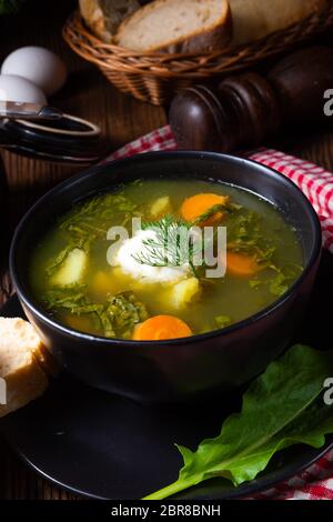 Rustikal Sauerampfersuppe mit Kartoffeln und Rahm Stockfoto