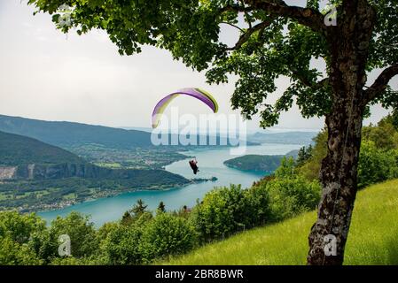 Gleitschirme mit Fallschirm springen der Col de Forclaz in der Nähe von Annecy in den Französischen Alpen, in Frankreich. Stockfoto