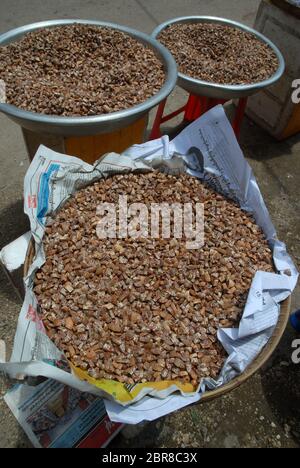 Kleine Stücke Betelnuss in großen Schalen trocknen in der Sonne, Yangon, Myanmar, Asien. Stockfoto