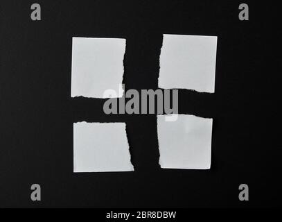 In vier Stücke leeres weißes Blatt Papier auf schwarzem Hintergrund abgerissen, in der Nähe Stockfoto