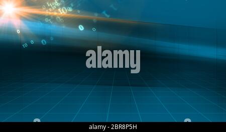 Grafische Zusammenfassung Technologie Hintergrund, 3d-Raum und binären Code mit Sunflare Stockfoto