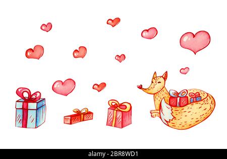 Aquarell festliche fox Umarmungen Geschenke Schwanz. Neues Jahr und Weihnachten Charakter mit roten und blauen Boxen mit Farbband und isolierten Herzen der Roten gebunden. Set für Stockfoto