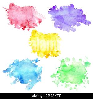 Set mit 5 Aquarell blots mit Spritzer und Flecken. Aquarell Spots von Gelb, Lila, Blau, Grün und Rot Blumen. Isolierte Flecken auf einem weißen backgro Stockfoto
