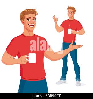 Lächelnder, fröhlicher Mann mit einer Tasse heißen Getränks, der die Geste eines OK-Handsignals vorführt. Vektorgrafik. Stock Vektor