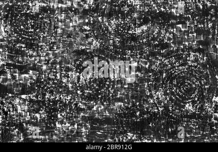 Kontrast grafische Abstract grunge Hintergrund. Schwarze und weiße raue Textur mit Kratzern, Punkte, Linien, konzentrische Kreise, Anschläge und Flecken. Die te Stockfoto