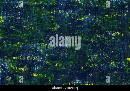Abstrakte dunkelblauen Hintergrund. Grunge Textur mit Kratzer, Linien und Punkte, konzentrischen Kreisen. Blau, Schwarz, Grün, Gelb, Anschläge und Flecken. Textu Stockfoto